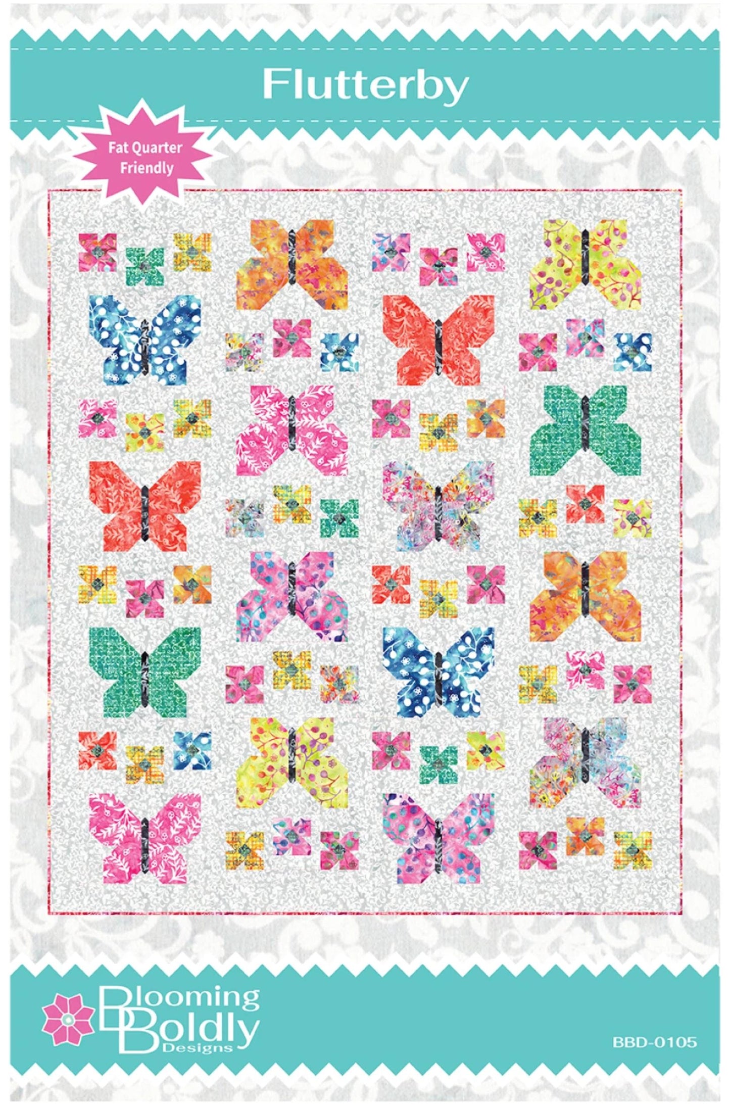 A quilt pattern cover for 'Flutterby' by Blooming Boldly Designs, featuring a grid of colorful butterfly and floral patchwork designs on a white background with teal borders.