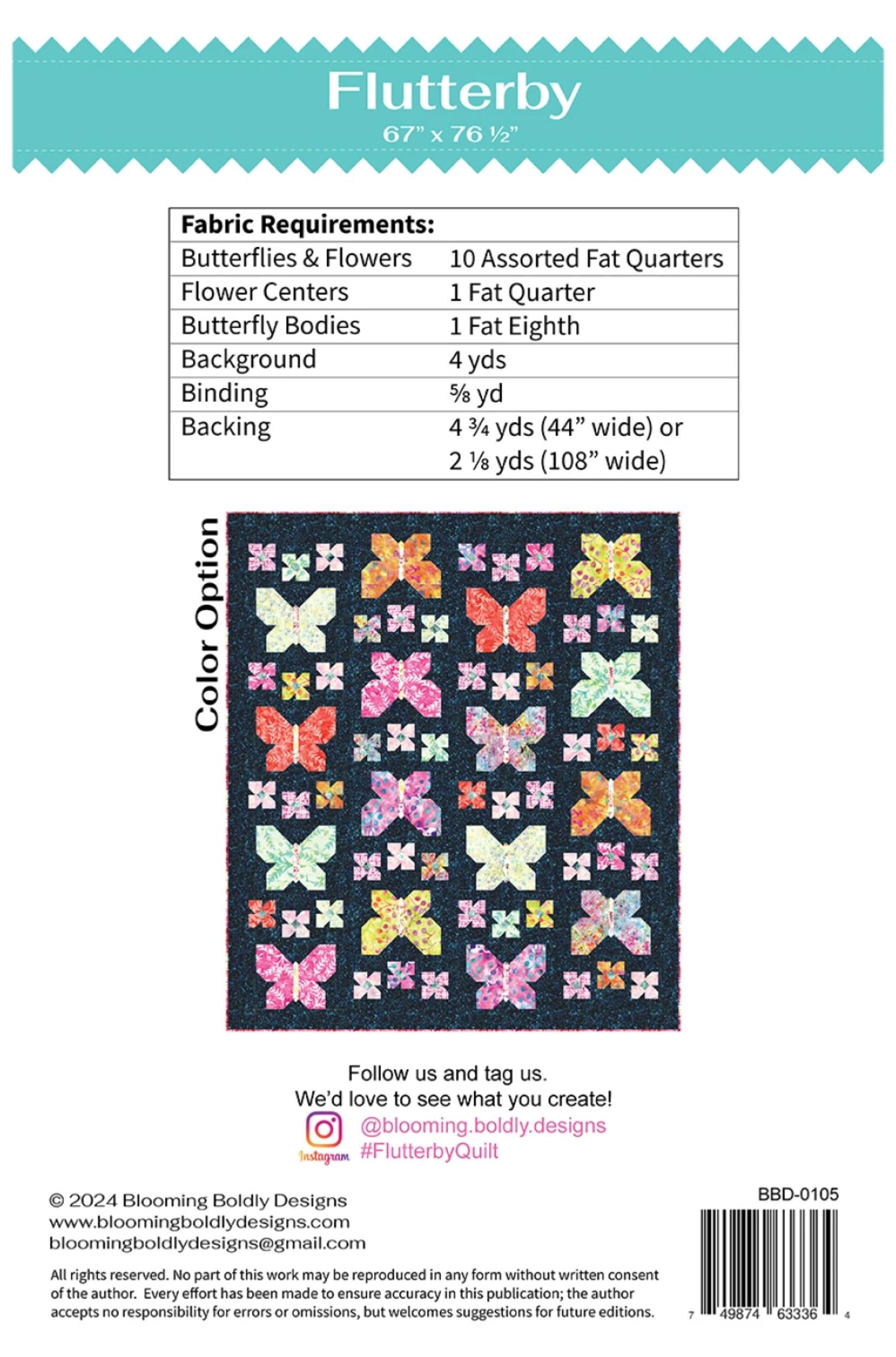 Back cover of a blooming boldy designs Flutterby quilting pattern, showing fabric requirements in a table, a color option of butterfly-themed fabric, and a barcode.