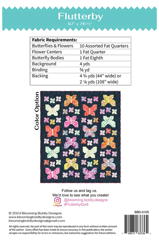 Back cover of a blooming boldy designs Flutterby quilting pattern, showing fabric requirements in a table, a color option of butterfly-themed fabric, and a barcode.