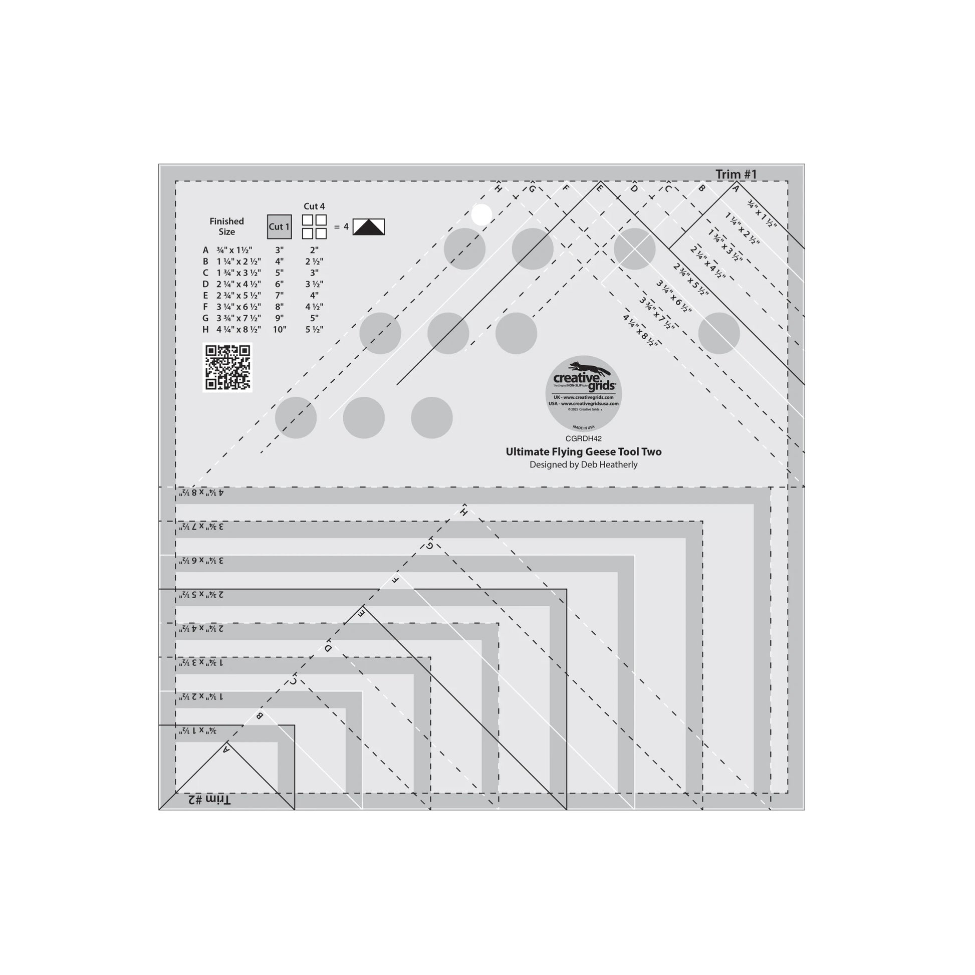 Quilting ruler with various shapes and measurements on a white background