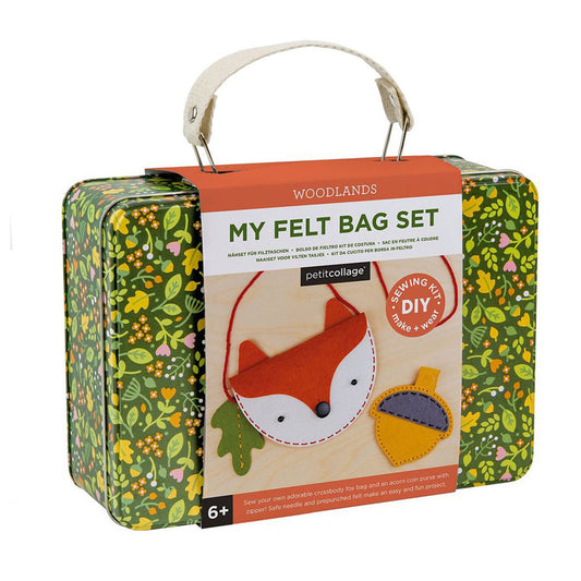 Felt bag set packaging with fox design on a white background