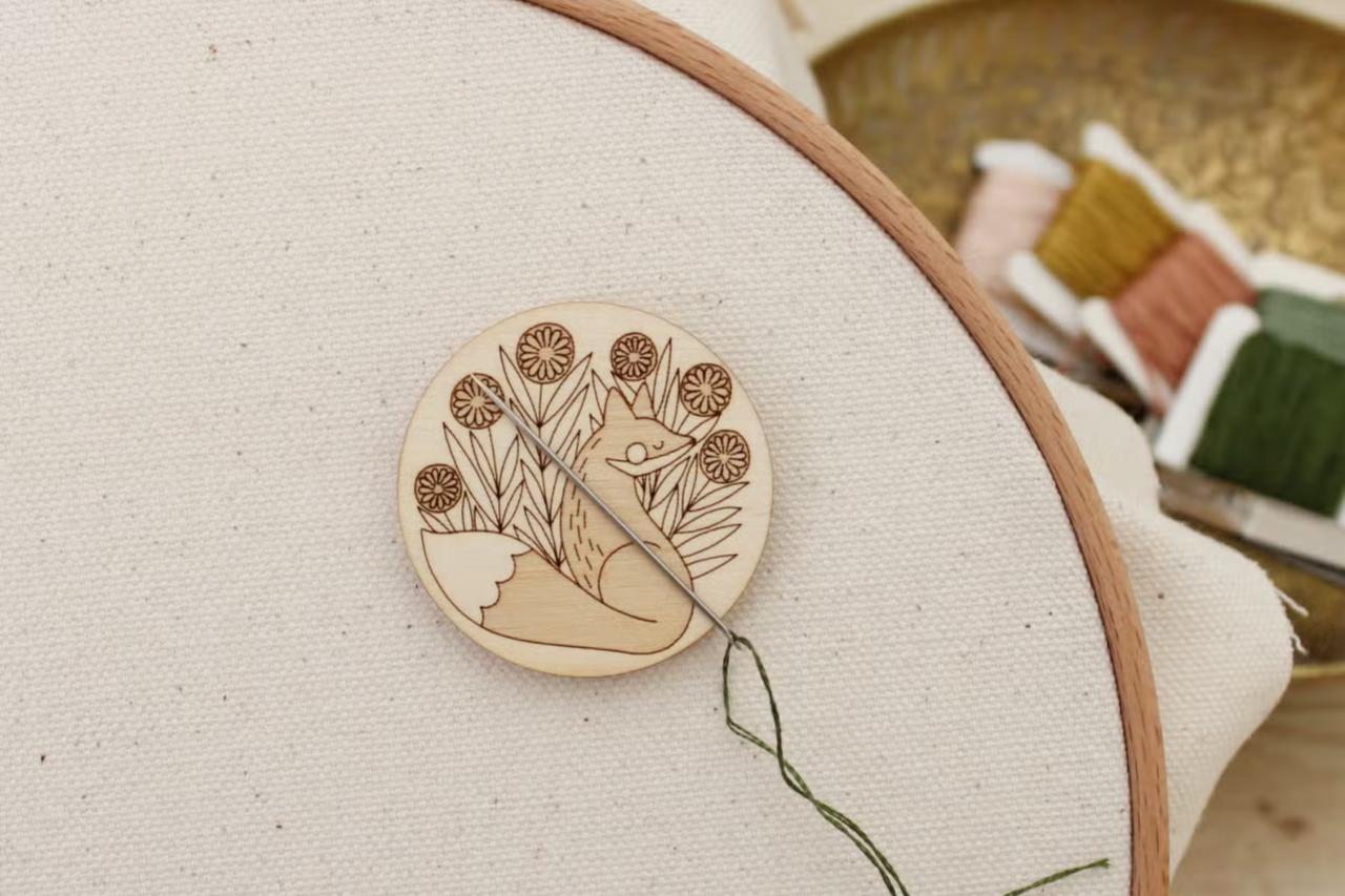 Magnetic Wooden Needle Minder with Fox engraving by oh, little wren