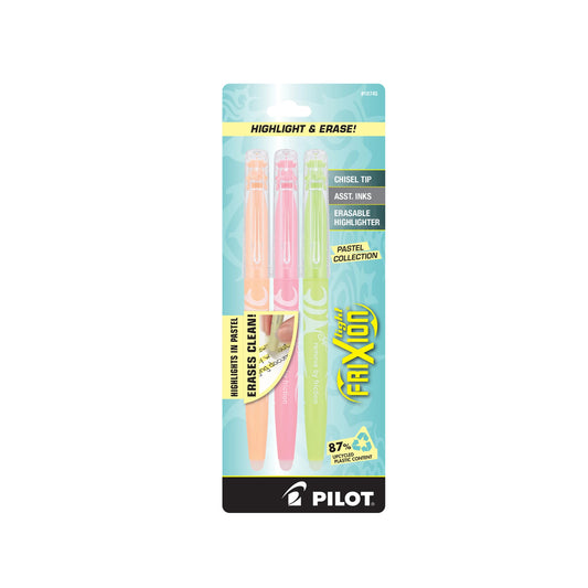 Pilot FriXion Highlighter set in pastel colors with packaging on a white background