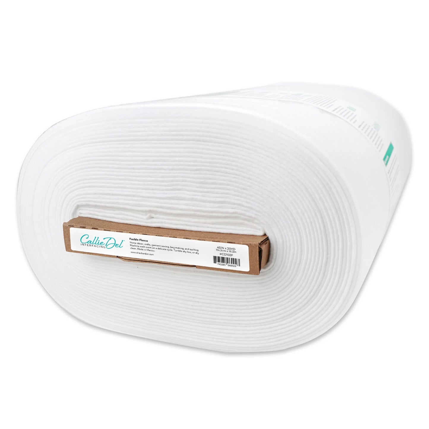 A large roll of white CallaDel fusible fleece with a brown cardboard core and label, shown on a plain white background.