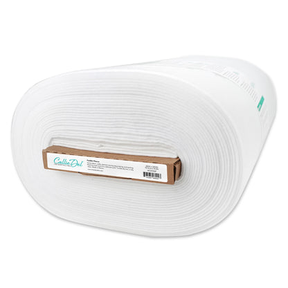 A large roll of white CallaDel fusible fleece with a brown cardboard core and label, shown on a plain white background.