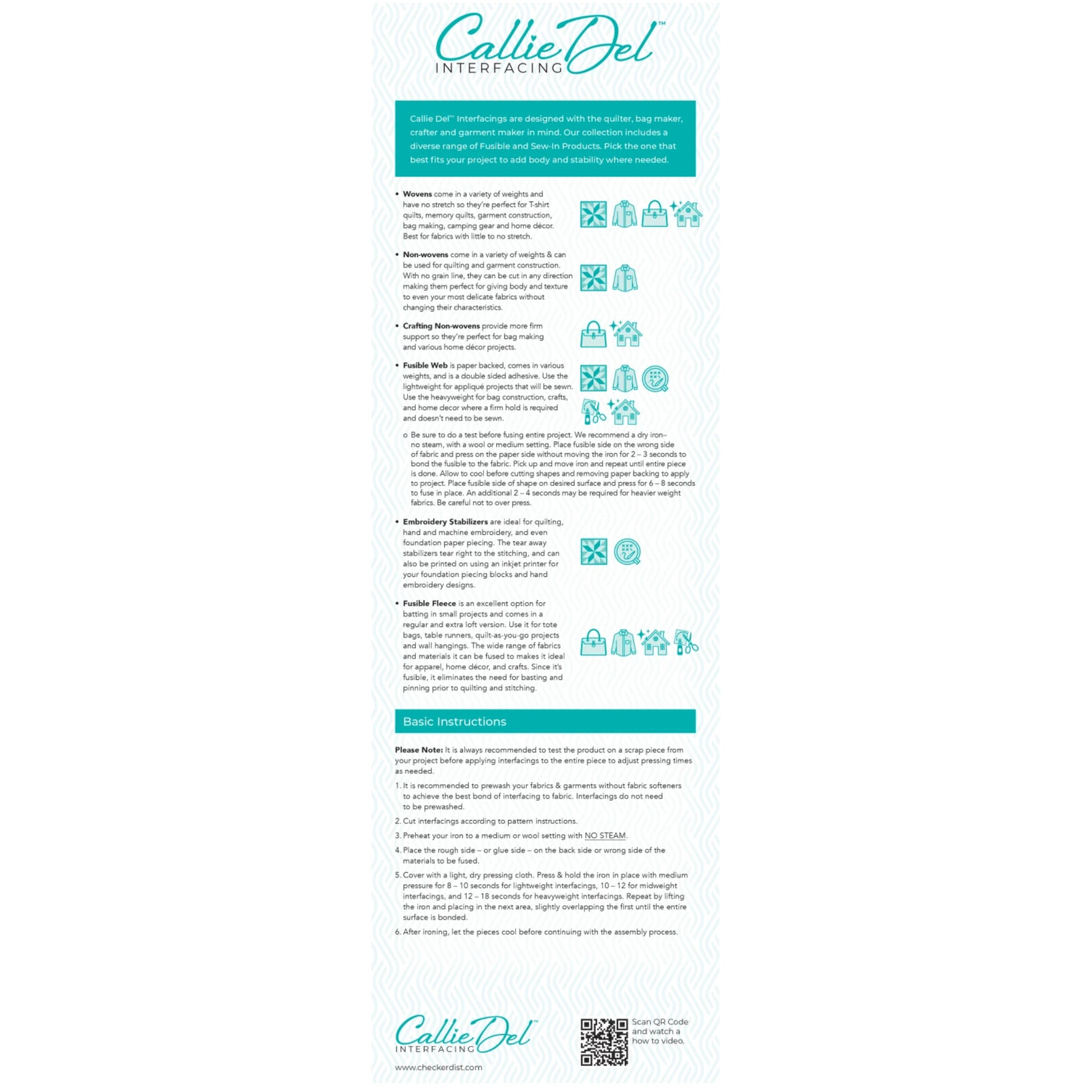 A vertical CallieDel Interfacing instruction sheet with teal and black text on a white background, featuring step-by-step guidance and small icons.