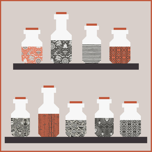 Decorative bottles with patterned designs on a beige background