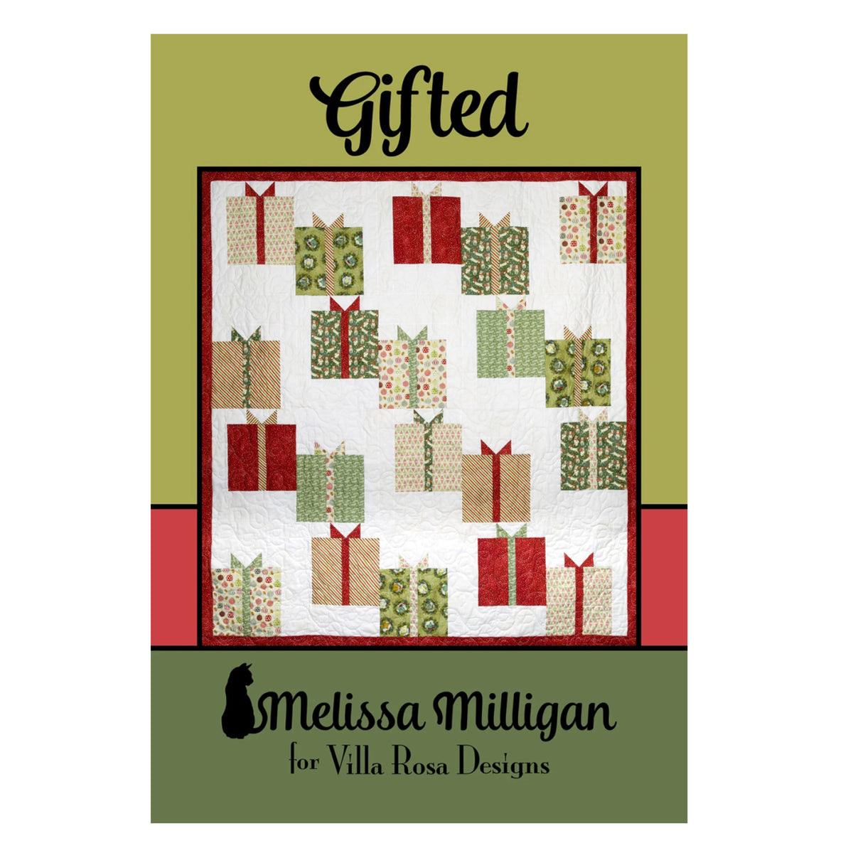 A quilt pattern cover for 'Gifted' by Melissa Milligan for Villa Rosa Designs, featuring a quilt design of wrapped gifts on a white background with olive green and red borders.