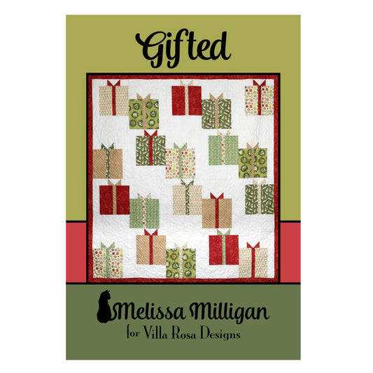 A quilt pattern cover for 'Gifted' by Melissa Milligan for Villa Rosa Designs, featuring a quilt design of wrapped gifts on a white background with olive green and red borders.