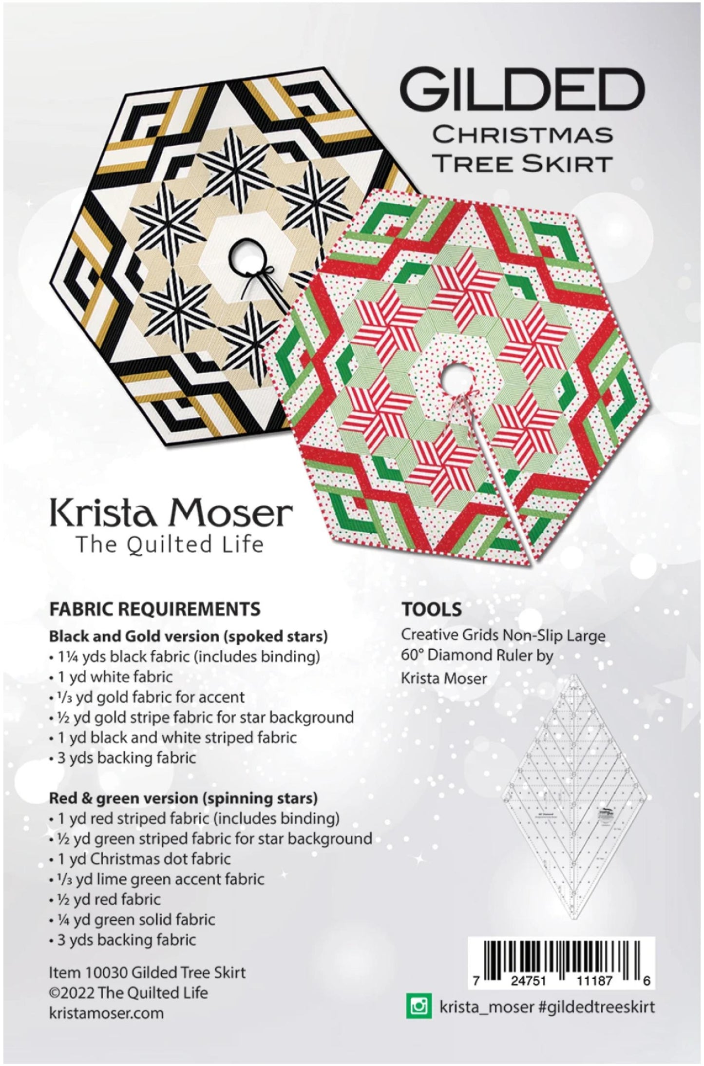 Back cover of a quilting pattern booklet for the Gilded Christmas Tree Skirt by Krista Moser, showing a large rendered view of two finished quilted skirt designs and a list of fabric and tool requirements on a white background.