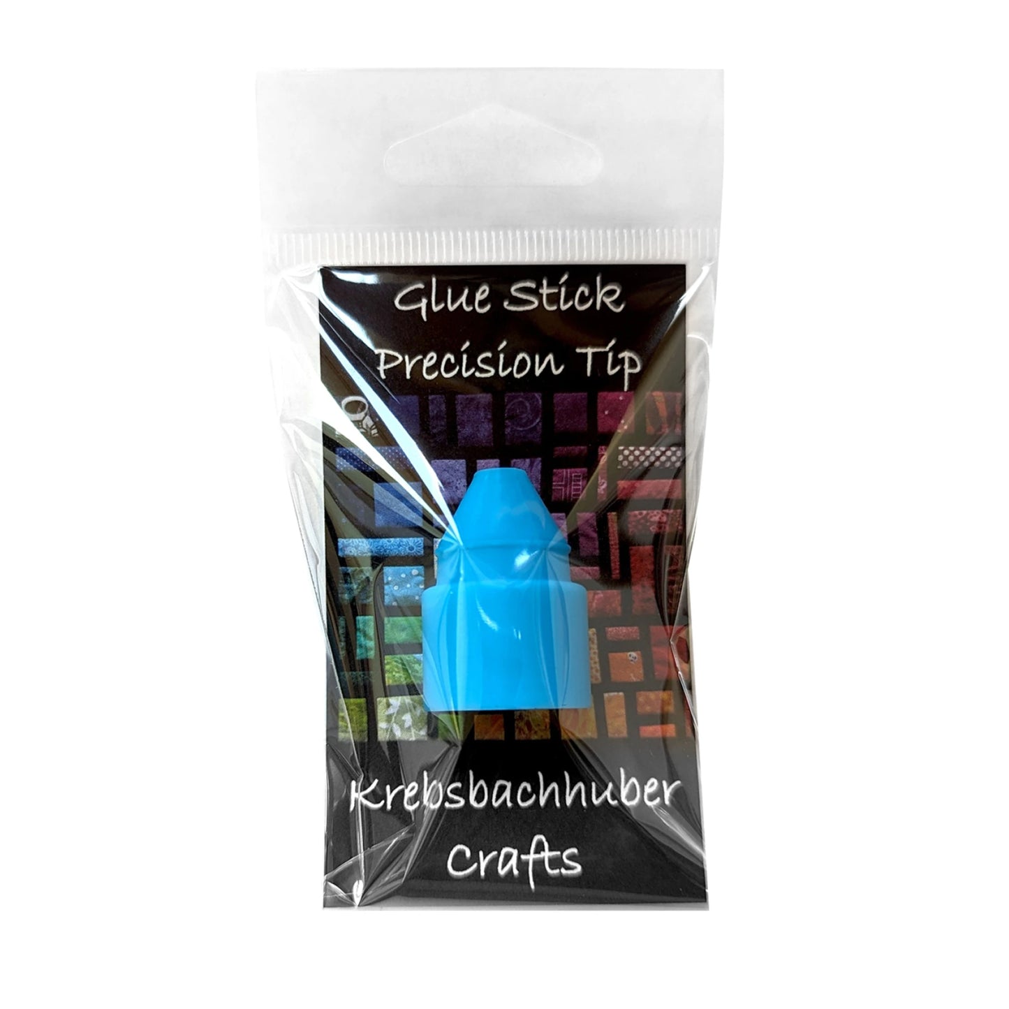 Blue glue stick with packaging labeled 'Glue Stick Precision Tip' by Krebsbachhuber Crafts on a white background.
