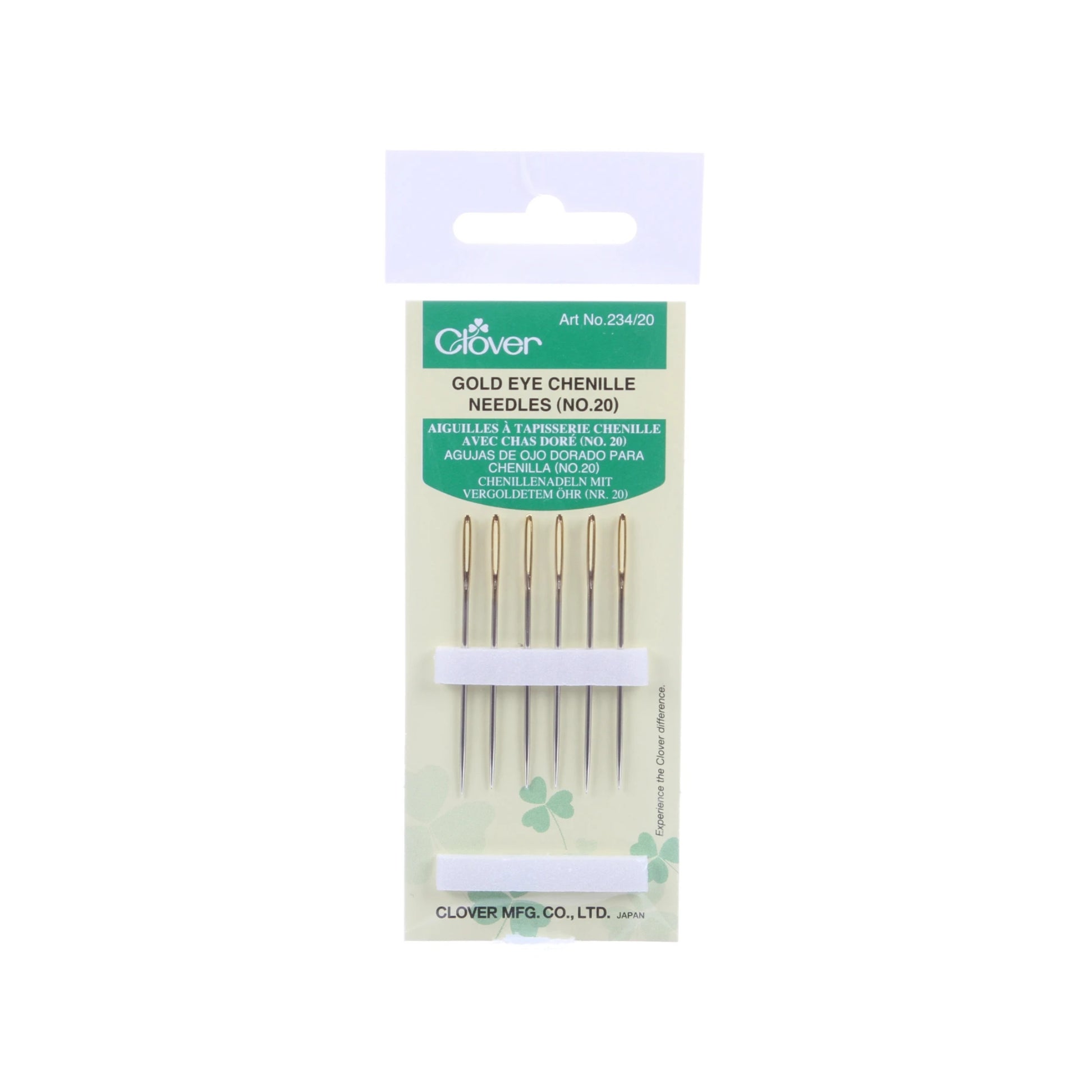 Pack of Clover gold eye chenille needles on a white background