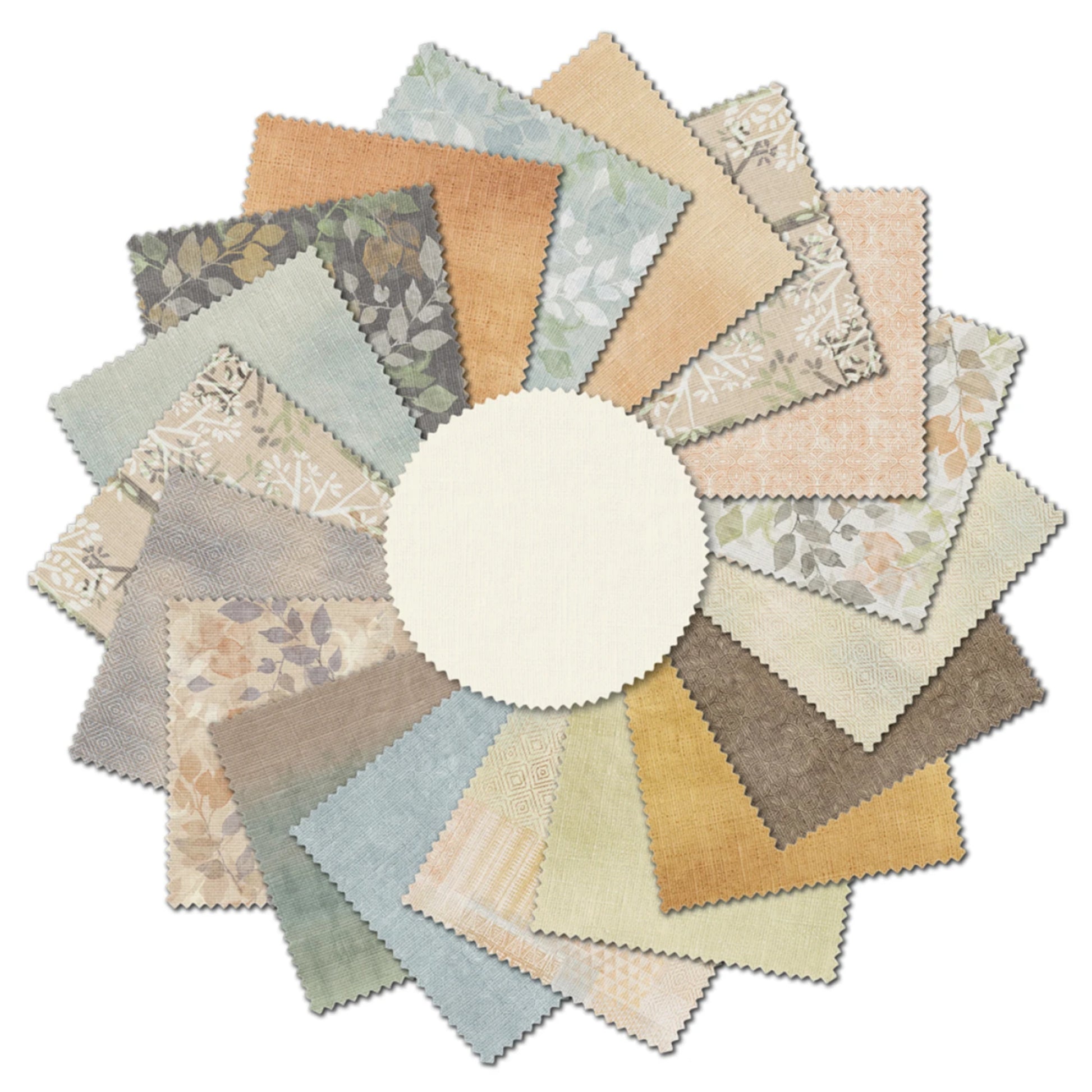 Collection of fabric swatches arranged in a circular pattern on a white background