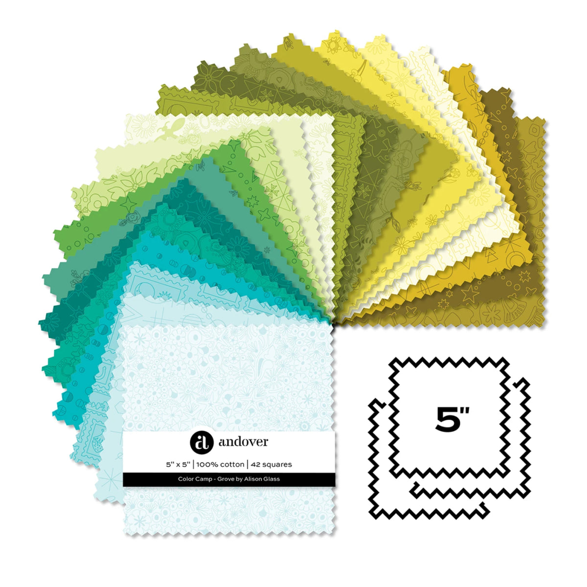 A fanned-out display of Andover 5" cotton fabric squares in a variety of pastel and earthy colors, including greens, blues, yellows, and whites, with a black-and-white graphic indicating the 5" size.
