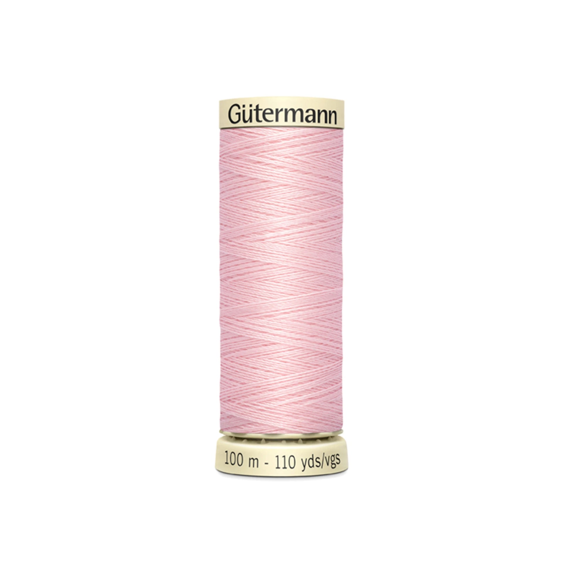Spool of pink Gutermann thread on a white background