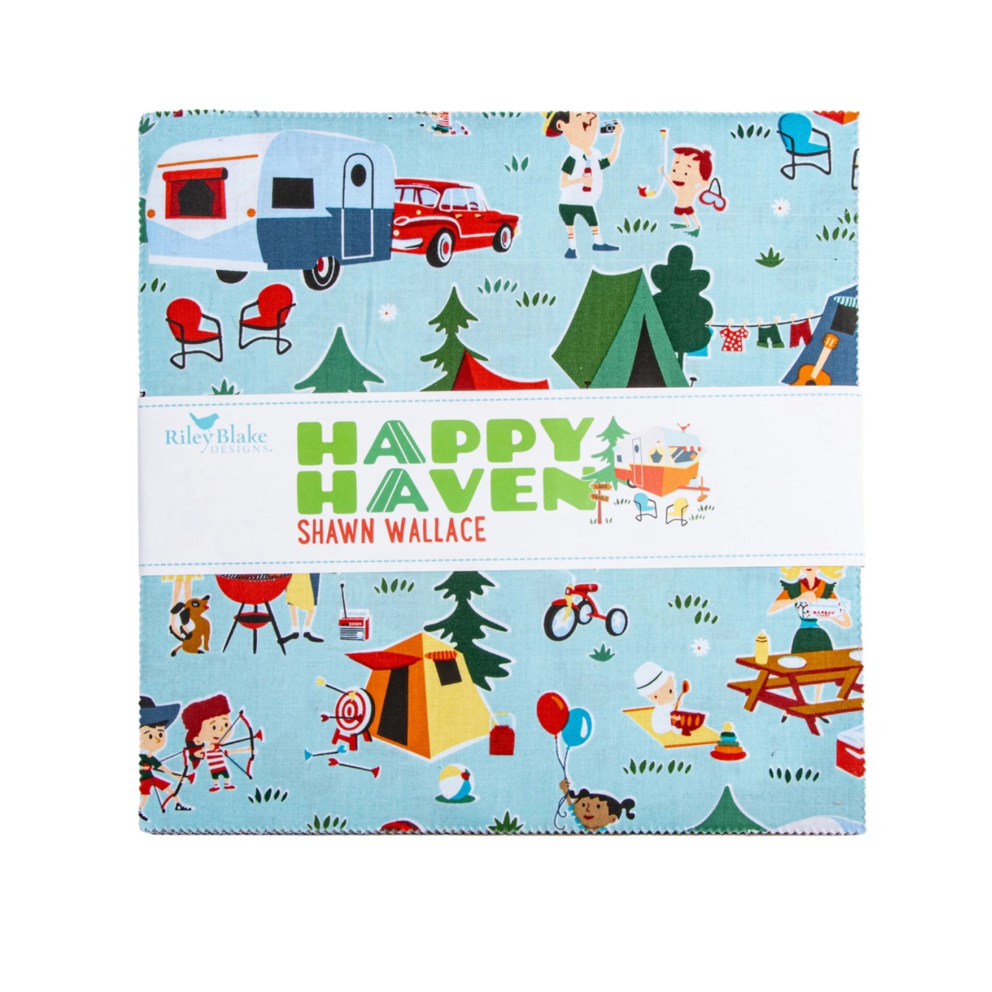Fabric roll with 'Happy Haven' and 'Shawn Wallace' branding, featuring camping-themed illustrations.