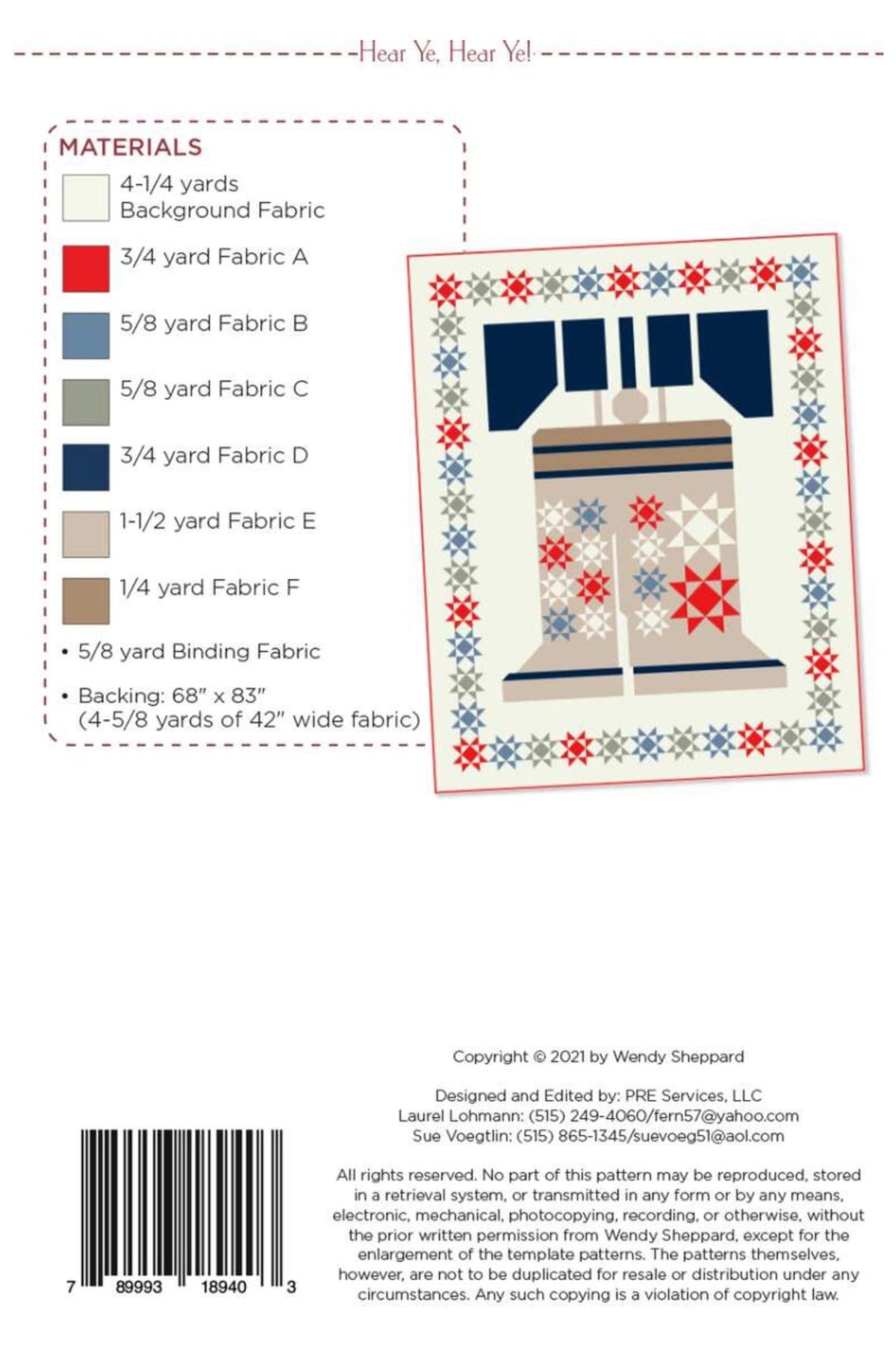 Back cover of a quilting pattern package showing fabric yardage requirements, a color/material legend, and a sample quilt design preview on a white background.