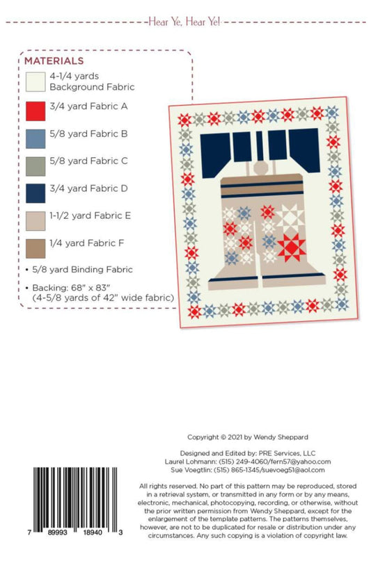 Back cover of a quilting pattern package showing fabric yardage requirements, a color/material legend, and a sample quilt design preview on a white background.