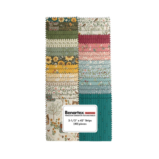 Benartex fabric bundle featuring 40 patterned fabric strips in various colors and designs, displayed vertically on a white background.