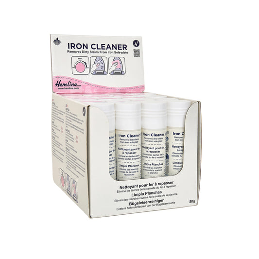 Box of Hemline iron cleaner with multiple bottles inside on a white background