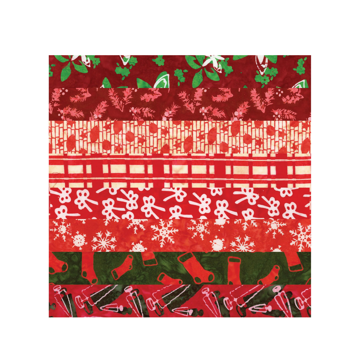 Sampling of Holiday themed batik fabrics included in Holiday Happiness fat quarter bundle