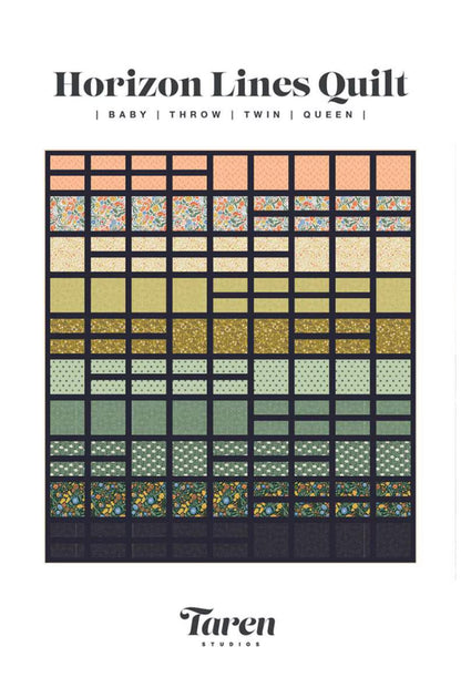 A quilt pattern cover titled 'Horizon Lines Quilt' showing a grid of fabric pattern swatches in peach, beige, green, gold, and floral prints, with 'Taren Studios' branding at the bottom.