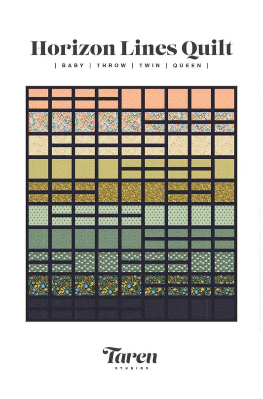 A quilt pattern cover titled 'Horizon Lines Quilt' showing a grid of fabric pattern swatches in peach, beige, green, gold, and floral prints, with 'Taren Studios' branding at the bottom.