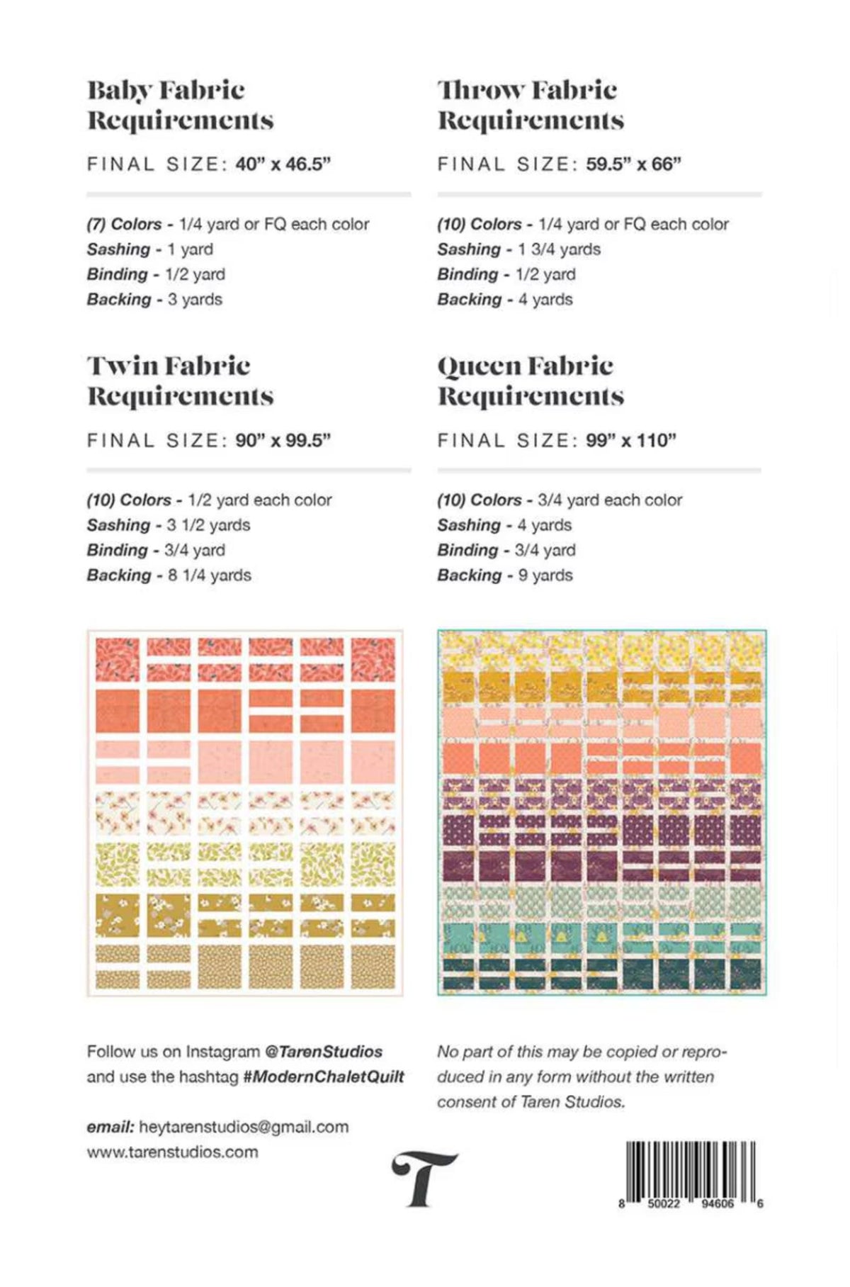 A product information sheet showing fabric requirements and sample swatches for Baby, Throw, Twin, and Queen sizes. The page includes text with sizing details and four small fabric pattern swatches in coral, pink, orange, and cream tones on a white background.