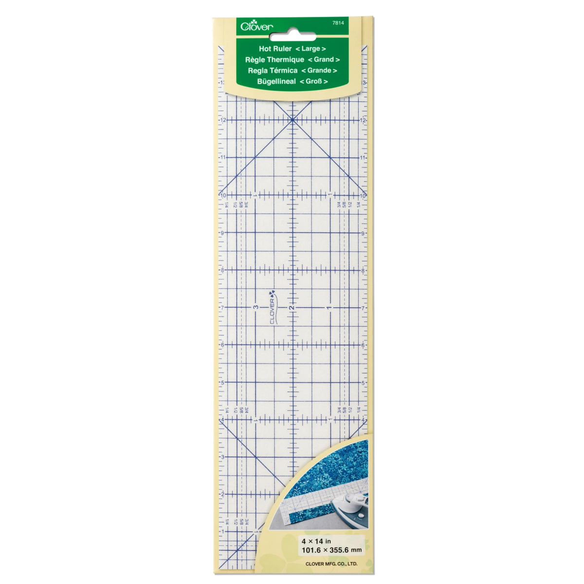 A Clover large heat resistant quilting ruler blue grid lines, and a green and white header card, shown against a plain white background.