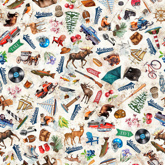 Pattern of Michigan-themed illustrations including animals, landscapes, and objects on a white background.