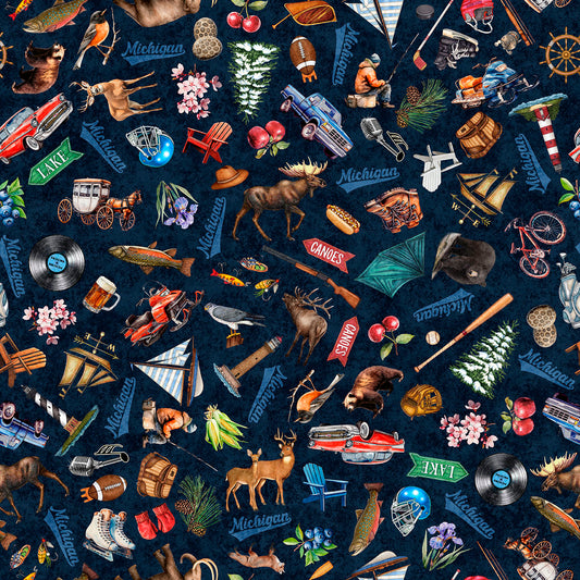 Michigan Icons, Navy, from QT Fabrics for the All Michigan Shop Hop 2026