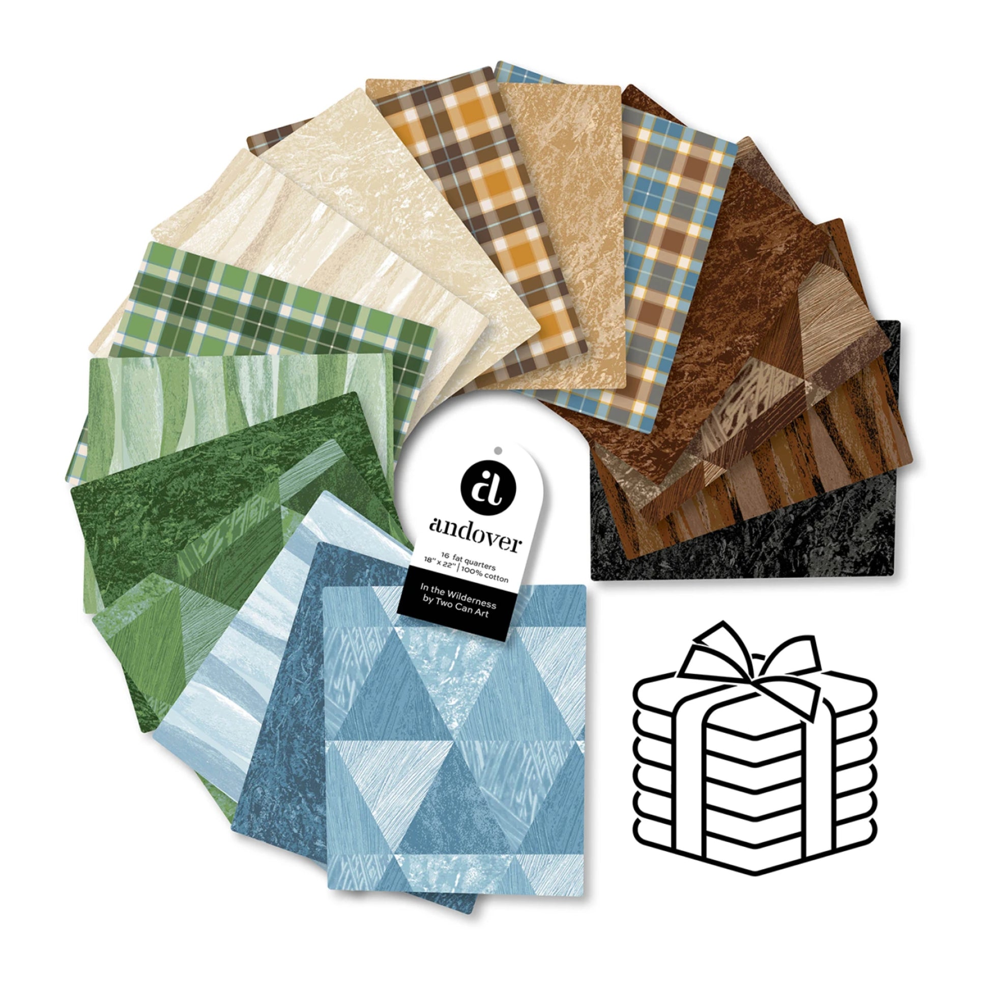 A fan arrangement of patterned fabric or material swatches in beige, green, blue, brown, and black, with a hanging Andover tag and a black-and-white line drawing of a stack of folded samples on a white background.