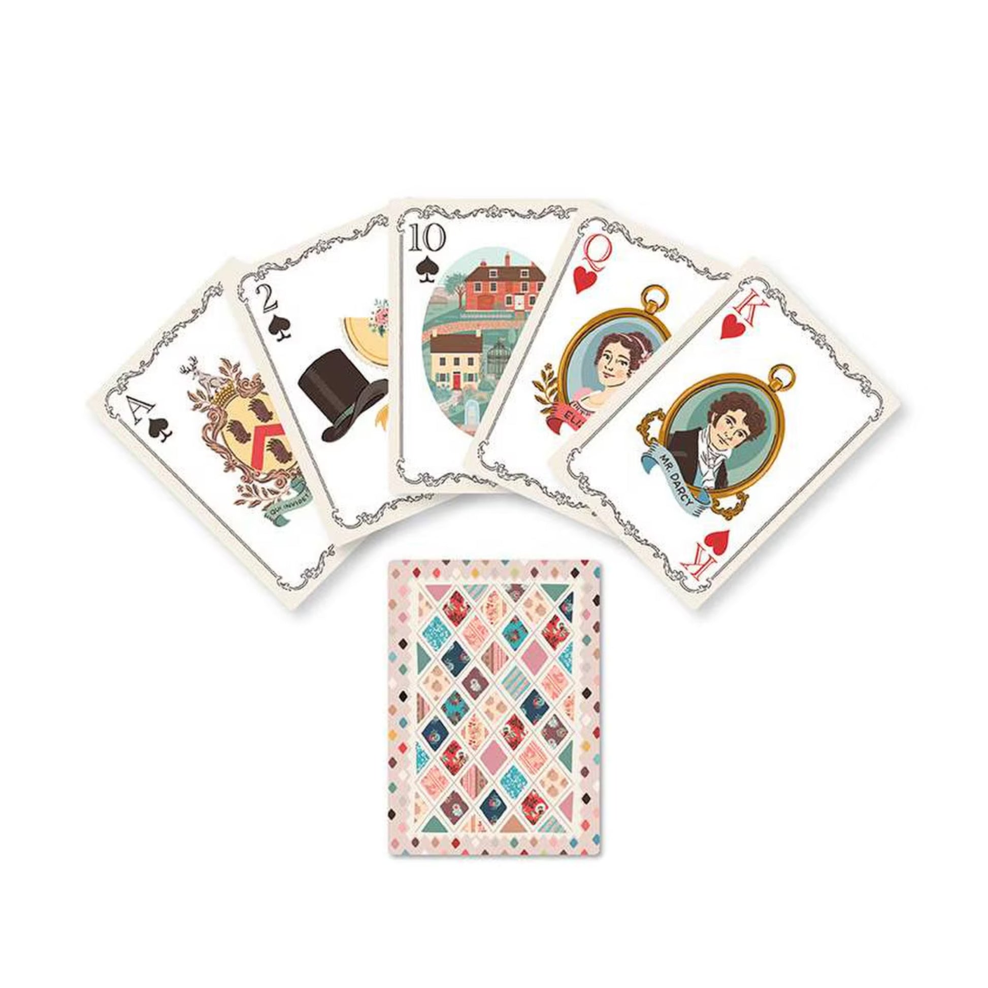 Set of playing cards with decorative designs on a white background