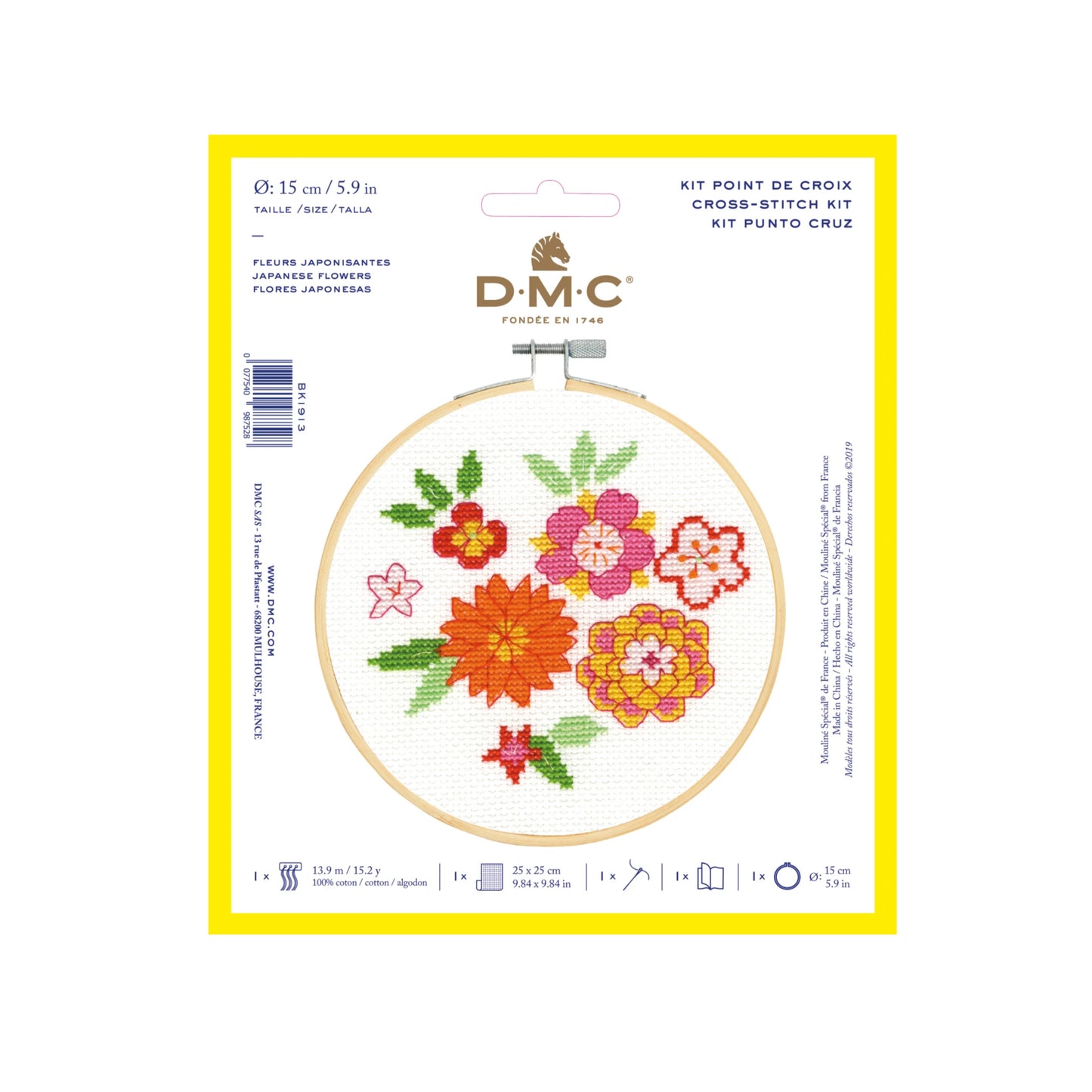 Cross-stitch kit with floral design on DMC packaging