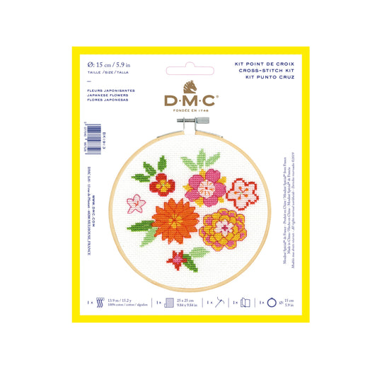 Cross-stitch kit with floral design on DMC packaging