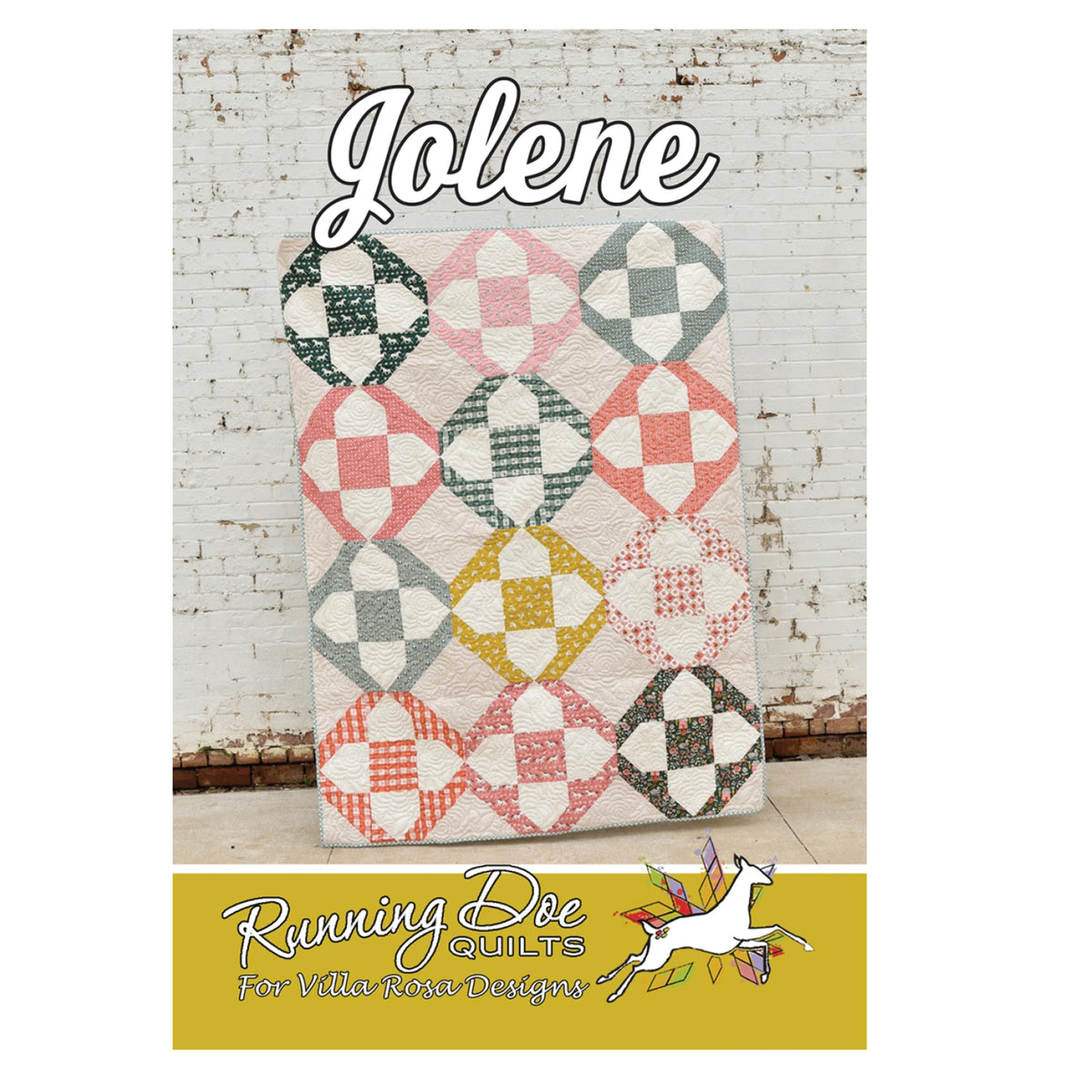 A quilt pattern cover titled 'Jolene' showing a patchwork quilt with geometric diamond and square blocks in coral, gray, mustard yellow, and black on a white brick wall background. The bottom features a yellow banner with the brand 'Running Bee Quilts' and 'For Villa Vista Designs'.