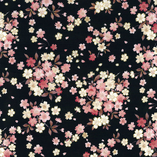 Floral pattern with pink and white flowers on a black background