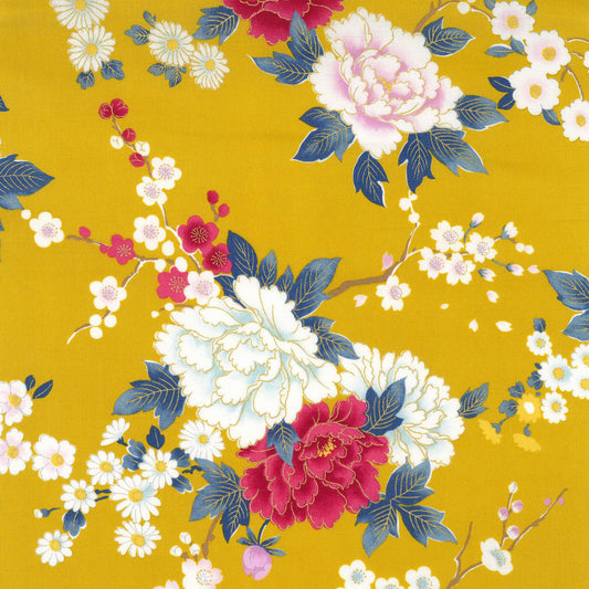 Floral pattern with pink, white, and blue flowers on a yellow background