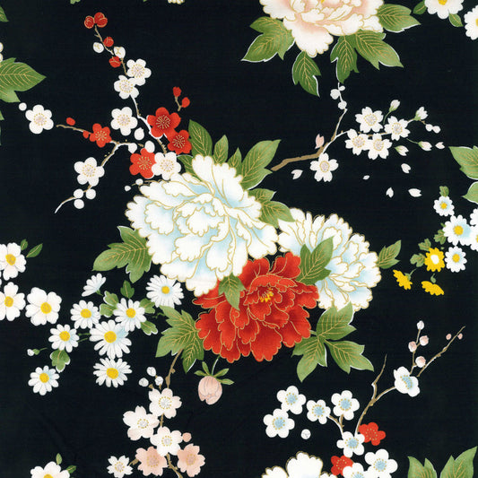 Floral pattern with red, white, and green flowers on a black background