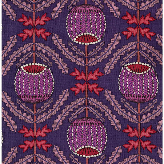 Patterned fabric with purple and red floral design on a purple background