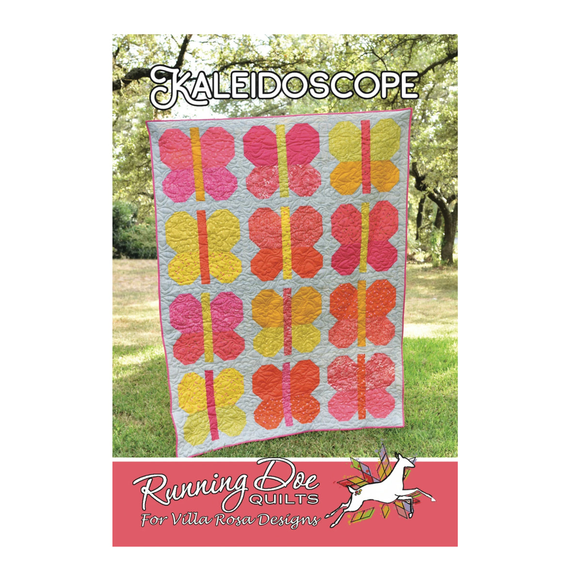 A quilt pattern cover titled 'Skaleidoscope' by Running Bee Quilts, featuring a colorful butterfly quilt design with pink, red, orange, and yellow butterflies on a light gray background, shown outdoors with a pink brand banner at the bottom.