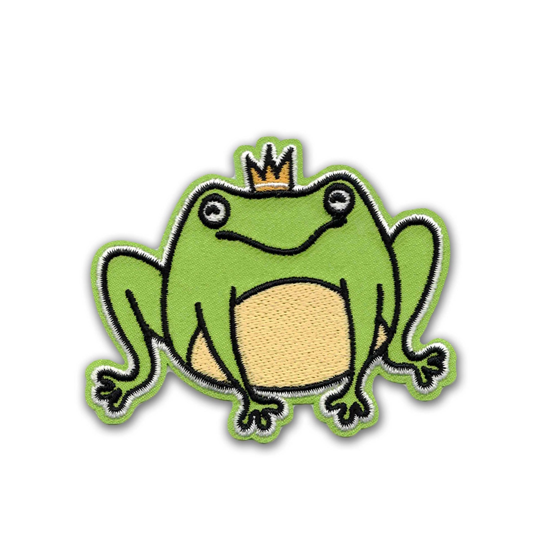 A green embroidered frog patch with a small gold crown, black stitched outlines, and a beige belly, shown on a plain white background.