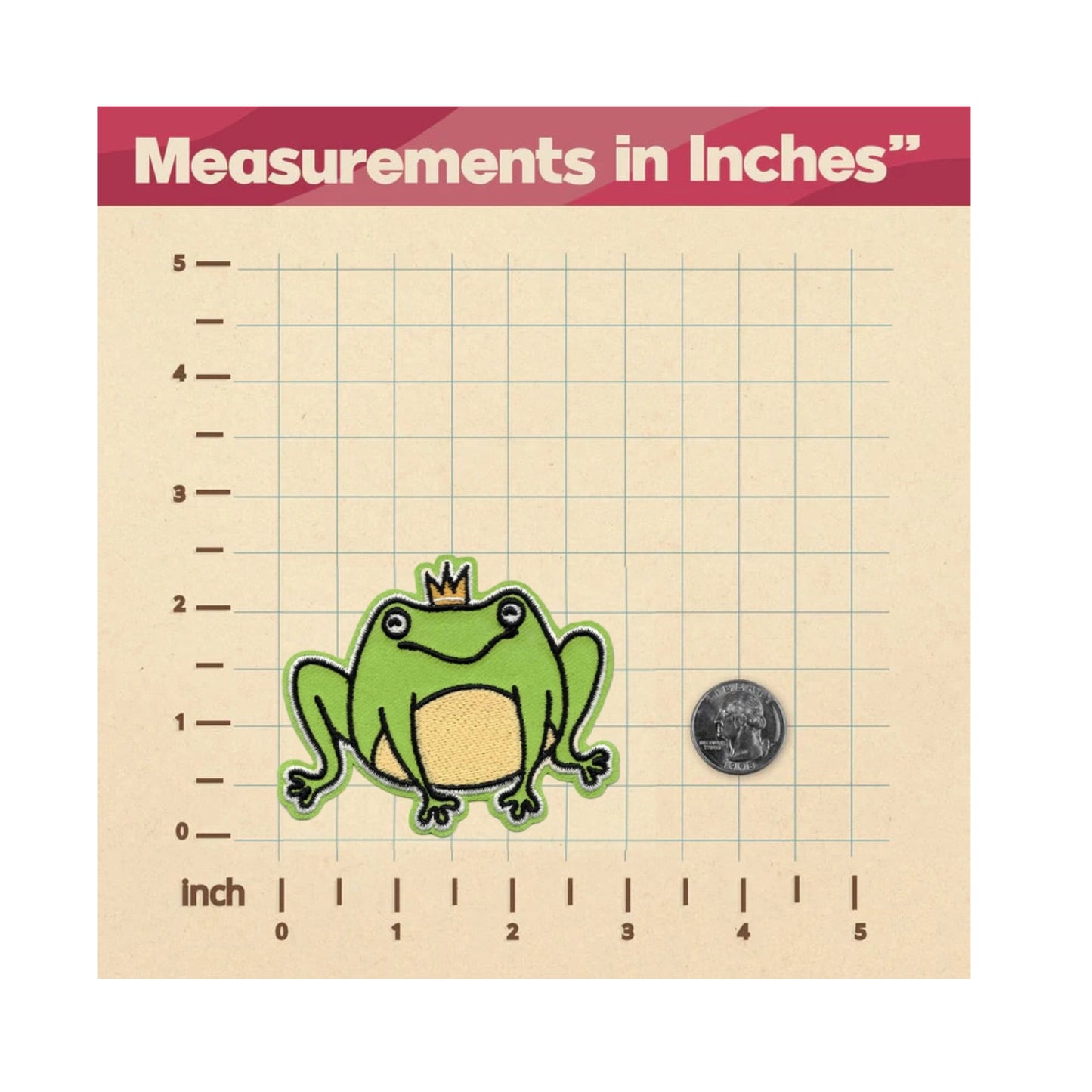A square measurement card showing a green cartoon frog wearing a small gold crown and a quarter for scale, with inch grid lines and the text 'Measurements in Inches' at the top.