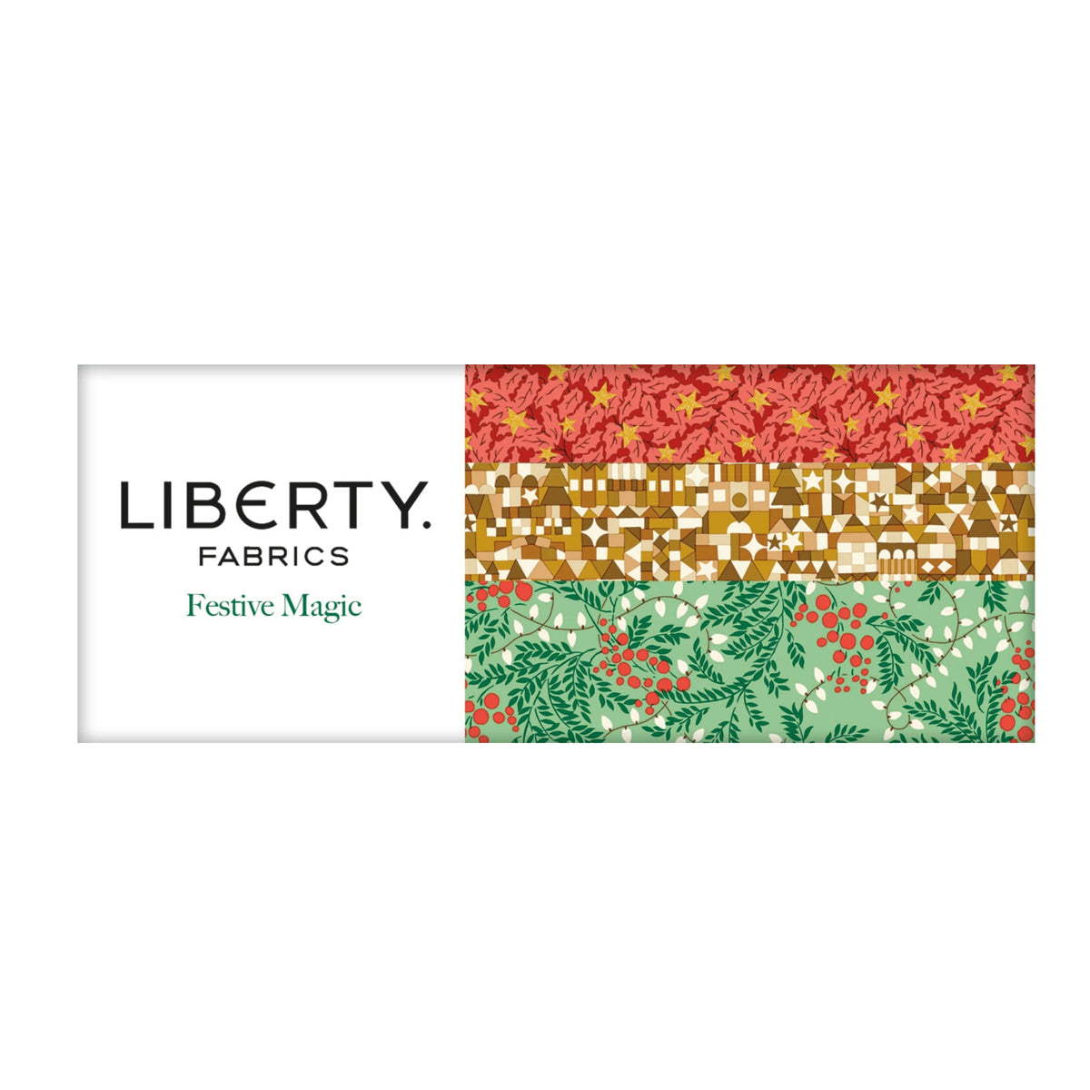 Liberty Fabrics 'Festive Magic' fabric bundle packaging, featuring a white left panel with black and green text and a right panel displaying three festive patterned swatches: a red patterned top, a gold and white village scene middle, and a green holly and berry bottom.