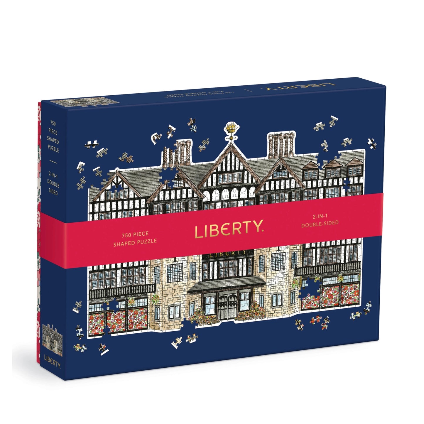 A boxed jigsaw puzzle on a white background. The box is dark blue with an illustrated timber-frame building and scattered puzzle-piece graphics.