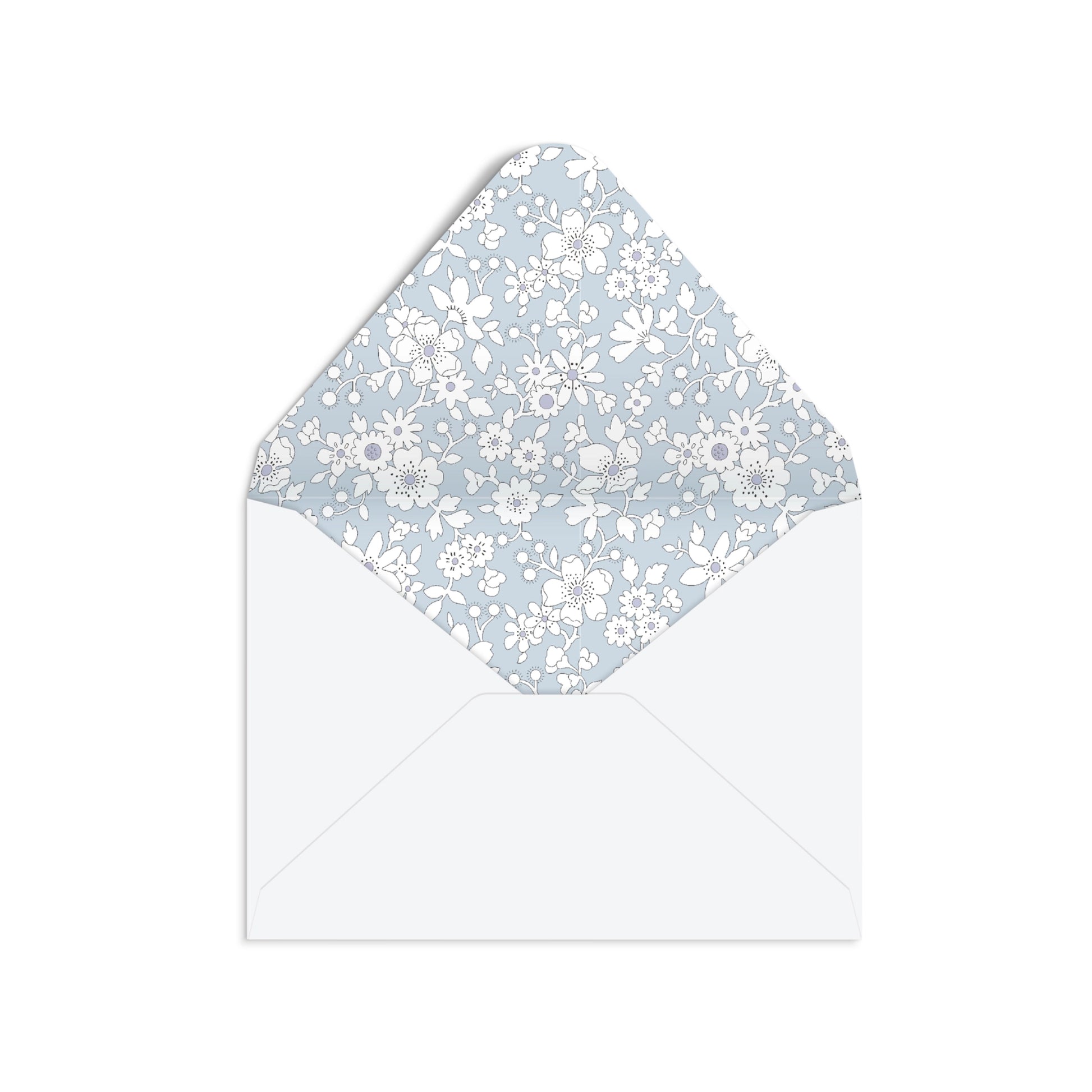 A white envelope with a light blue and white floral patterned liner, shown against a plain white background.