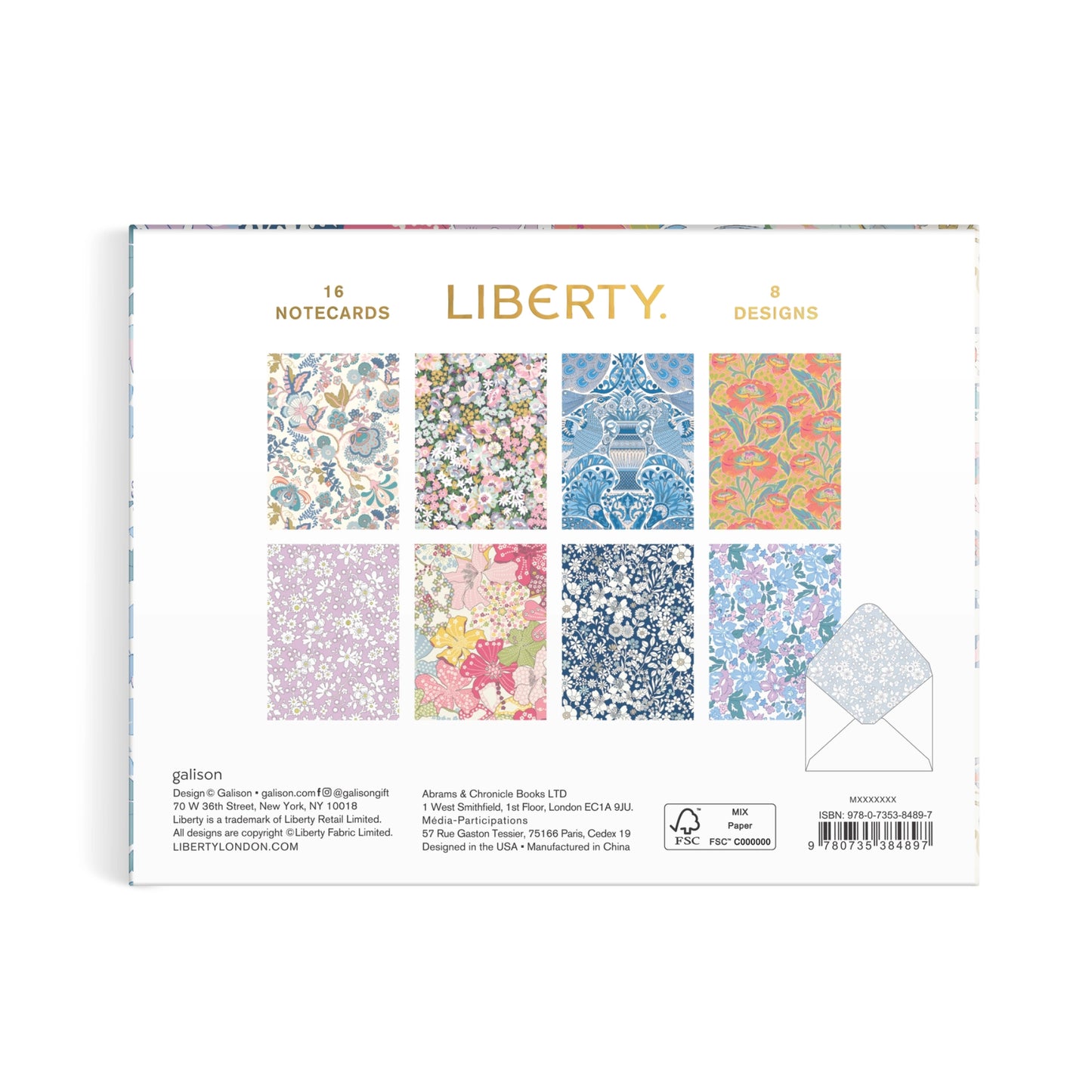 Liberty Notecards 8 Designs notepad pack, featuring a white cover with gold text and a grid of eight colorful floral and damask pattern swatches.