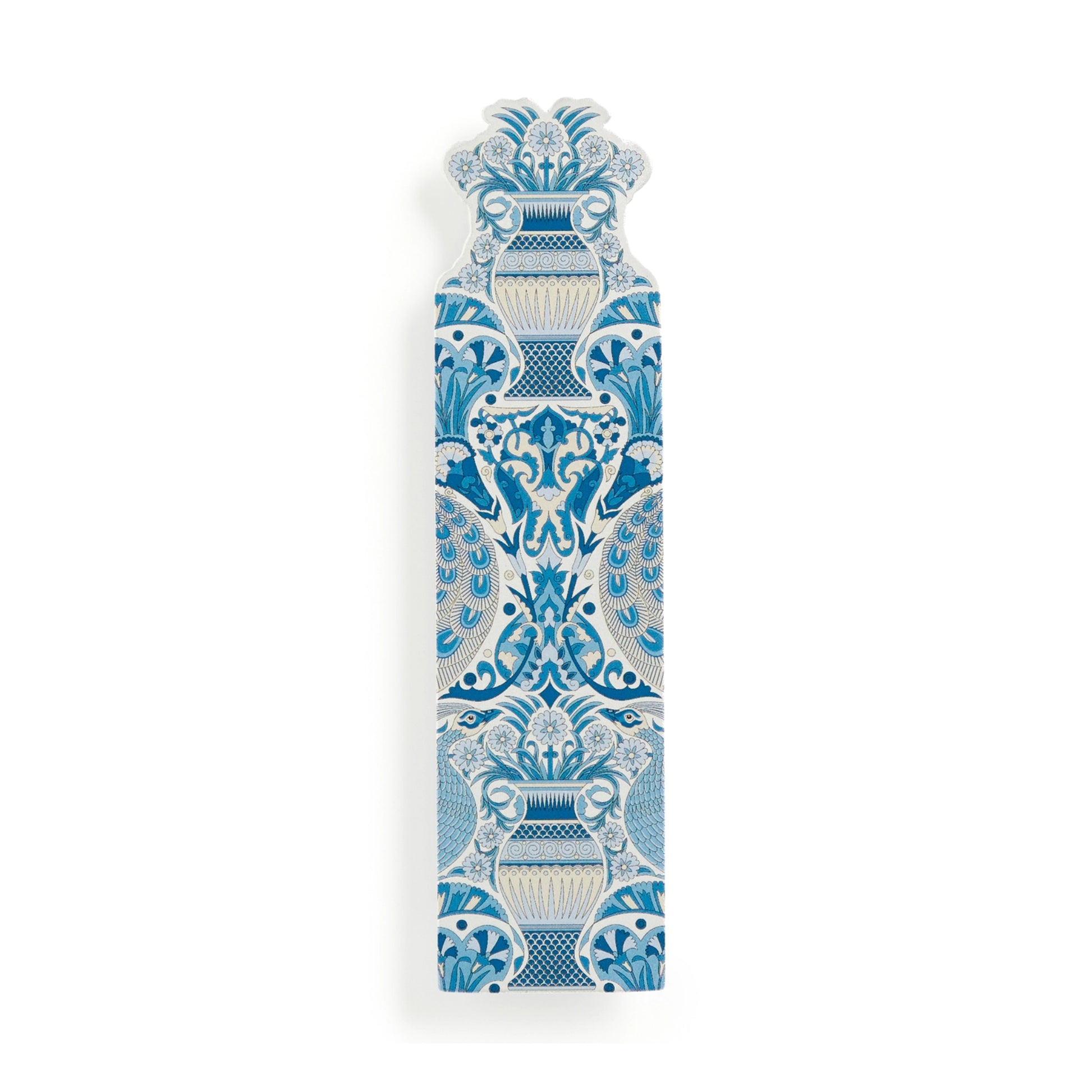 A decorative ceramic wall plaque featuring a symmetrical blue and white floral and scrollwork pattern, shown on a clean white background.