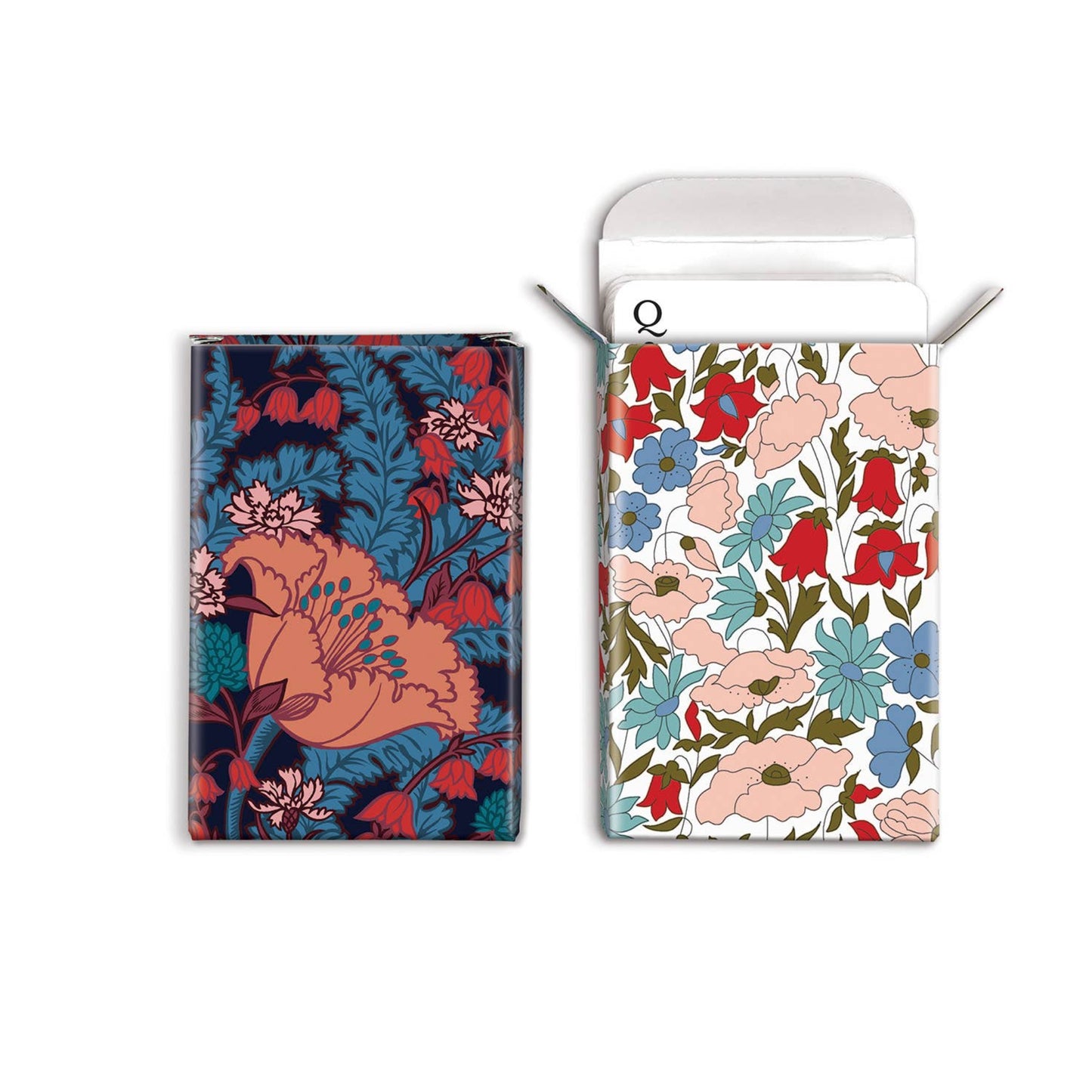 A rectangular card deck box shown closed on the left and open on the right, both featuring a colorful floral pattern. The closed box displays a dark navy background with teal leaves, pink flowers, and an orange bird.