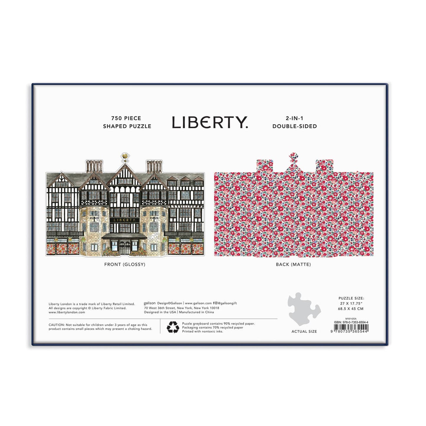 Liberty 750-piece shaped puzzle packaging showing the front and back matte designs on a white background with a thin blue border.